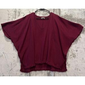 Umgee Oversized Women's Blouse Size Large Burgundy V-neck Tunic Top Fringe Hem